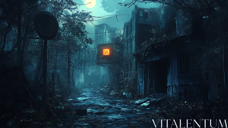 Cyberpunk ruin street under toxic moonlight, cinematic framing.