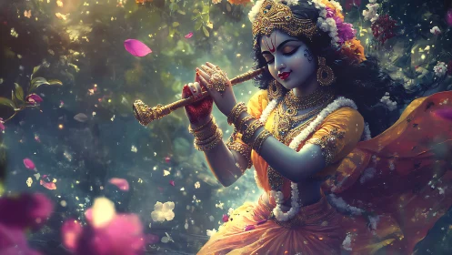 Divine blue flutist swirling petals in enchanted forest.