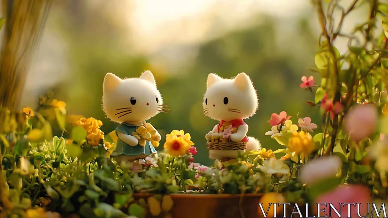 Stylized Cat Figures in Garden Setting with Blurred Floral Background