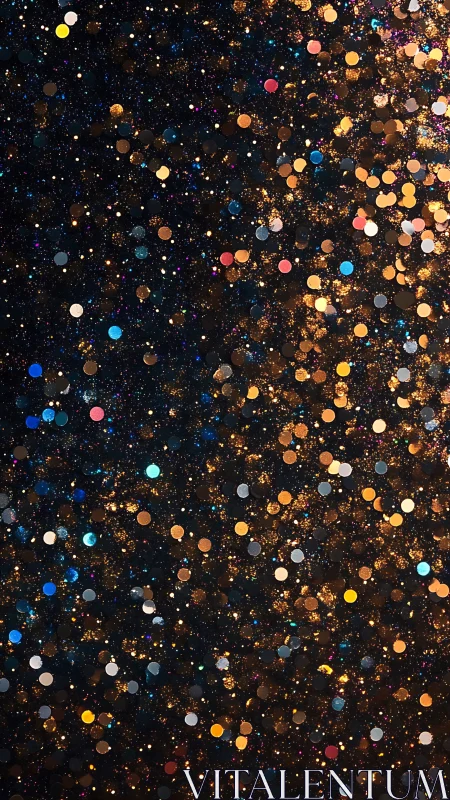 Glittering bokeh field on deep black abstract background surface.
