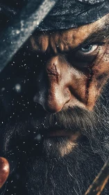 Close cropped portrait of bearded warrior in snowfall.