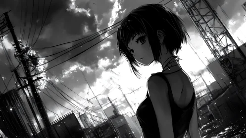 Monochrome urban girl under dense power lines at dusk.