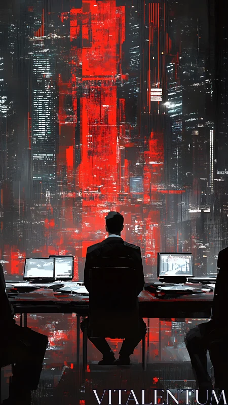 Cyber operator faces red data monolith in dark control hub.