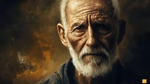 Digital painting portrait of elderly man with chiaroscuro realism.