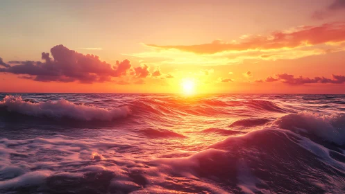 Sunlit ocean swells under vivid orange sunset horizon.