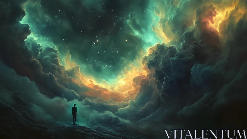 Solitary figure beneath luminous cosmic storm clouds.