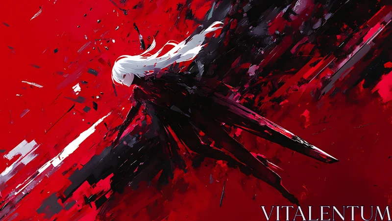 White haired figure cuts through red abstract field with dynamic strokes