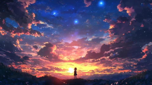 Solitary child gazes into a blazing, star-filled twilight sky