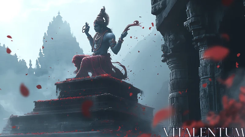 Divine blue statue on temple plinth in drifting red petals.