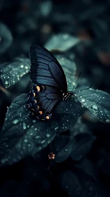 Midnight blue butterfly rests on dew-covered foliage.