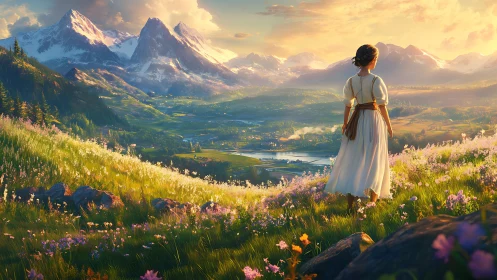 Sunlit wanderer pauses as alpine valley dreams awake