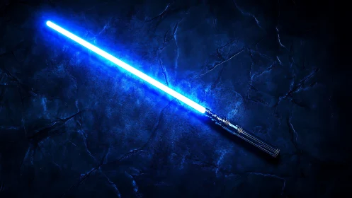 Blue plasma blade prop on fractured basaltic ground plane.