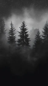 Nocturnal conifer silhouettes emerge through dense ground fog