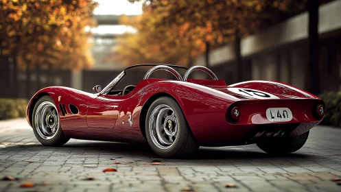 Classic red racing roadster glides through autumn courtyard