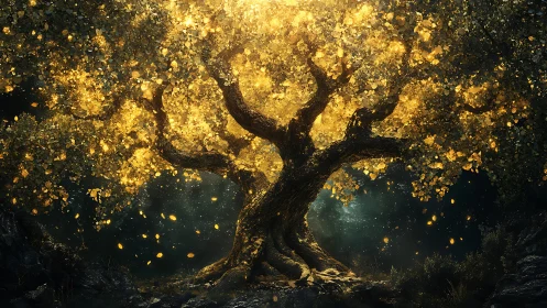 Golden dreamtree glowing gently in a quiet twilight grove.