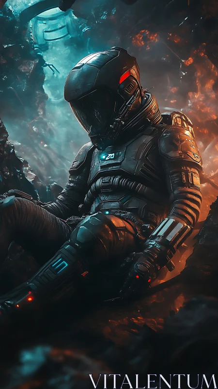 Armored astronaut resting in bi-chromatic alien wreckage.