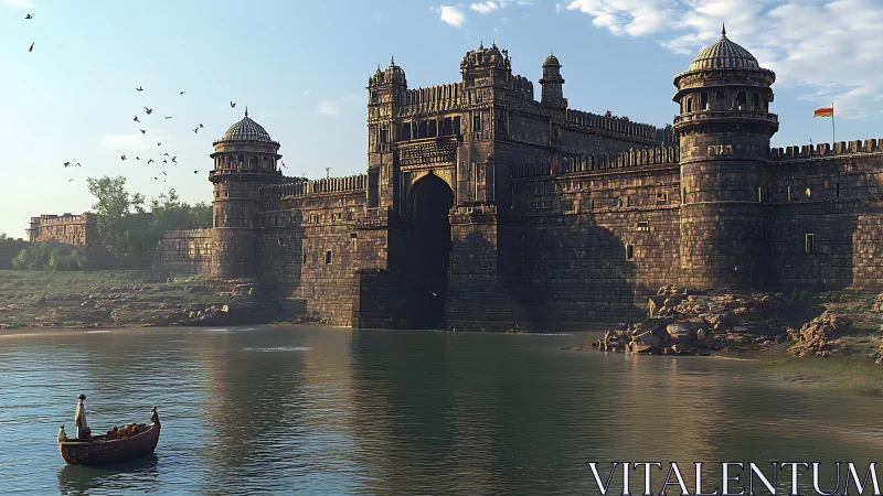 Medieval riverside fortress rendered in warm directional daylight