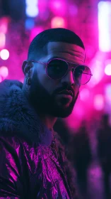 Neon-cloaked nightwalker in magenta city haze.