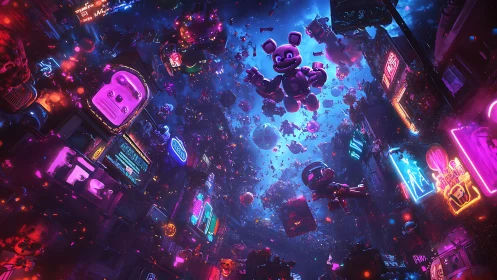Neon robot mascots drift through cyberpunk alley nebula.