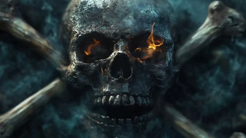 Charred skull with crossbones and internal embers rendered in 3D