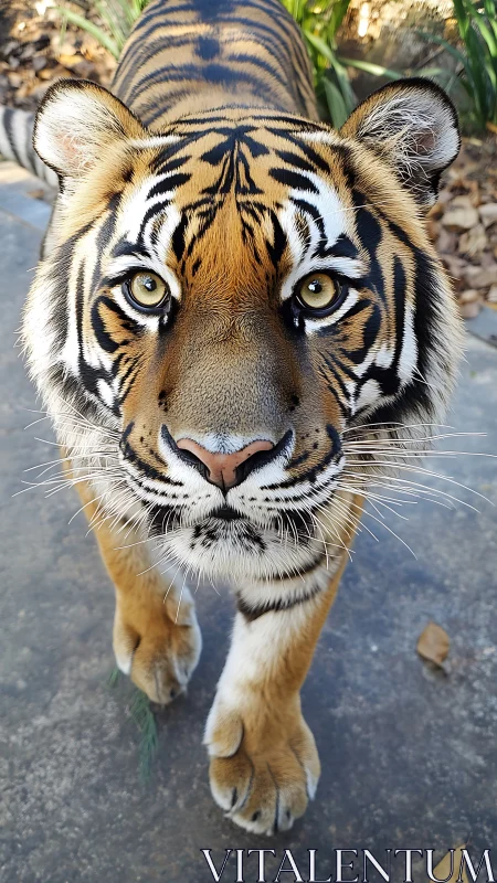 Close-range frontal portrait of alert tiger under natural light.