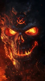 Molten demon skull rendered in fiery infernal chiaroscuro.