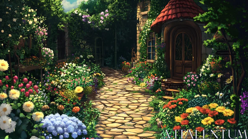 Sunlit cottage path framed by lush floral garden borders.