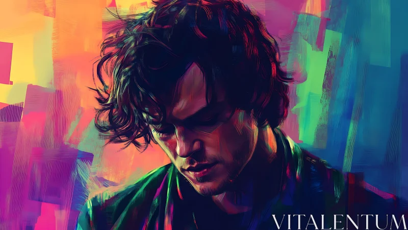 Digital portrait shows downward-facing male subject in color field