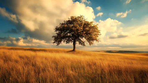 Isolated field tree under dramatic stratocumulus sky at golden hour