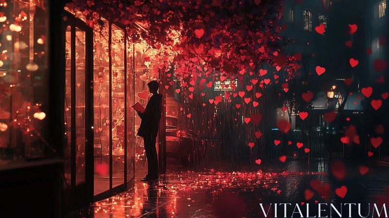 Urban Romance: Solitary Figure Amid Floating Heart Particles.