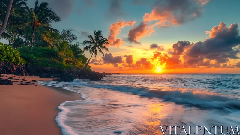 Vibrant tropical beach shoreline at colorful ocean sunset.
