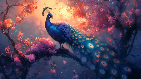 Iridescent peacock poised on bough amid luminous blossoms.