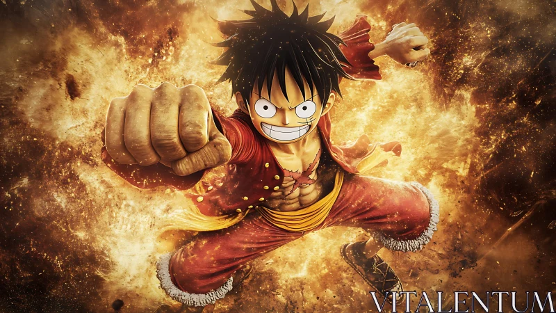 Fiery punch of a grinning hero racing through golden sparks.