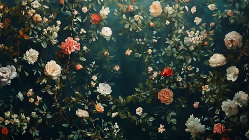 Baroque floral composition with layered roses against deep teal background.