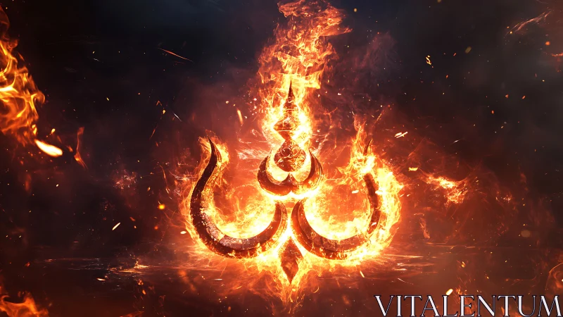 Fiery glowing emblem burning against dark smoky void.