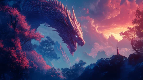 Colossal dragon confronts lone figure at a blazing fantasy sunset