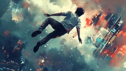 Solitary figure suspended above fragmented cityscape sky.