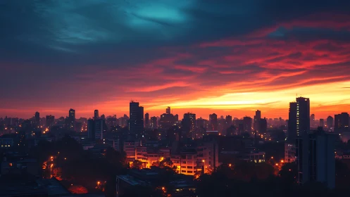 City skyline under vivid red dusk storm clouds.