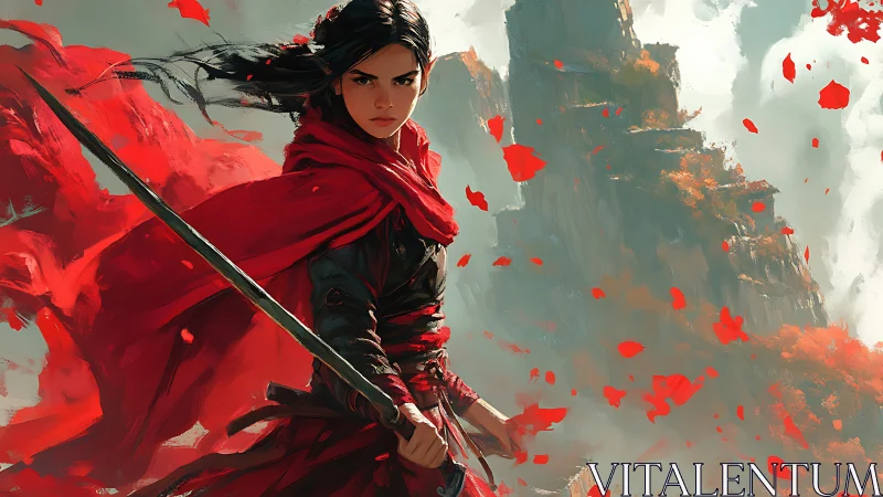 Crimson-clad swordswoman amid wind-torn mountain pass panorama.