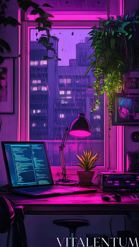 Cyberpunk coder workspace glows under neon magenta rain