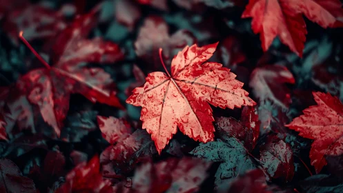 Wet scarlet maple leaf glows against dark blurred foliage