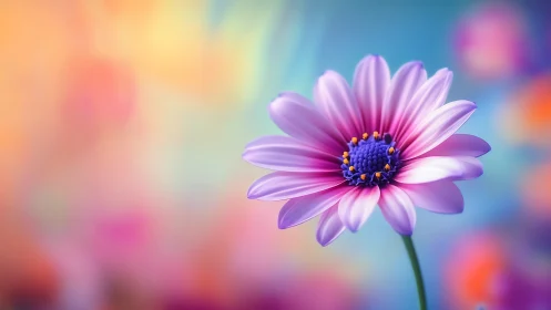 Purple Daisy Flower with Yellow Center Against Bokeh Background