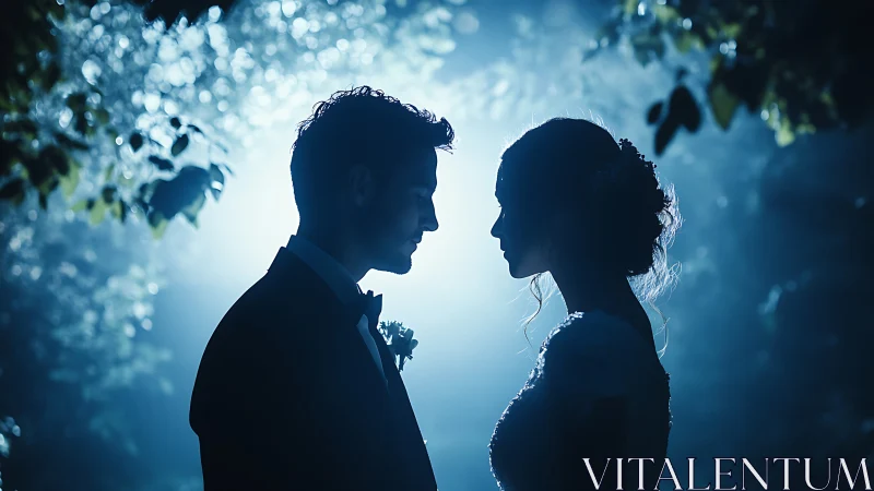 Silhouetted wedding couple under moonlit forest glow.