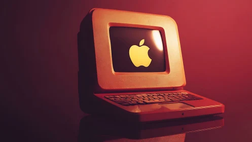 Retro orange computer glows warmly with familiar logo.