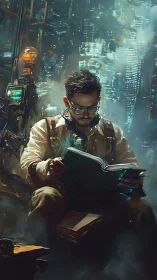 Cyberpunk researcher studies analog knowledge amid neon data