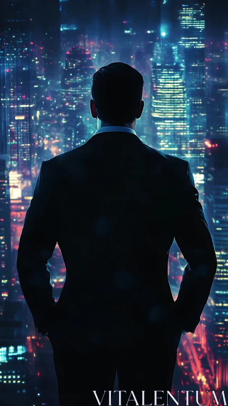 Executive Silhouette Against Neon Urban Skyline.