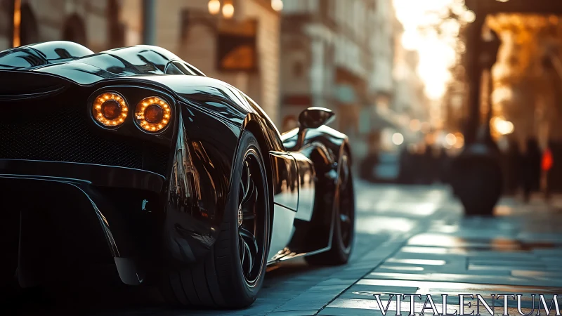 Black sports car on city street at sunset in close rear view.