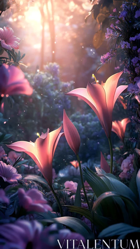 Luminous Floral Garden: Pink Lilies Beneath Radiant Golden Light.