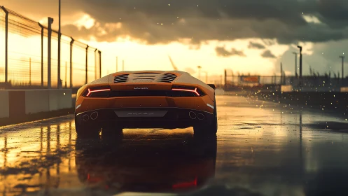 Orange supercar on wet racetrack under dramatic sunset sky.