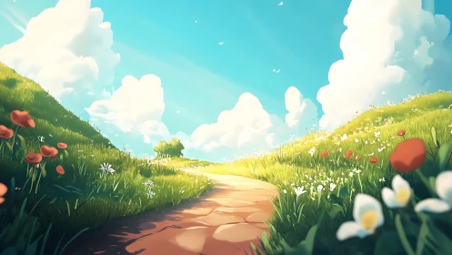 Digital painting of sunlit flower path in rolling meadows.